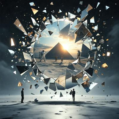 The primary subject of the image is a group of people standing on a beach. The setting is a beach with a sunset in the background. The visual style is a combination of photo and digital art, creating a unique and artistic representation of the scene. The colors and mood are warm and inviting, with the sunset casting a golden glow over the beach and the people.